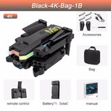 Foldable black 4K drone with front camera, showing carrying bag, remote control, battery and manual.