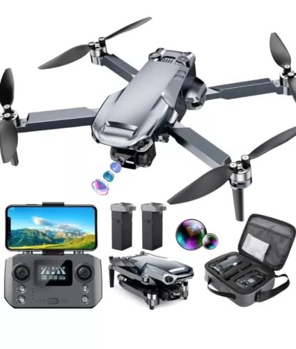 Foldable quadcopter drone with 4K camera, four propellers, remote controller and carrying case