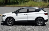 1/18 scale white diecast car model with black wheels and tinted windows, side view