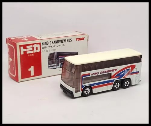TOMICA 1/154 diecast bus model with Hino Grandview branding, white and blue livery