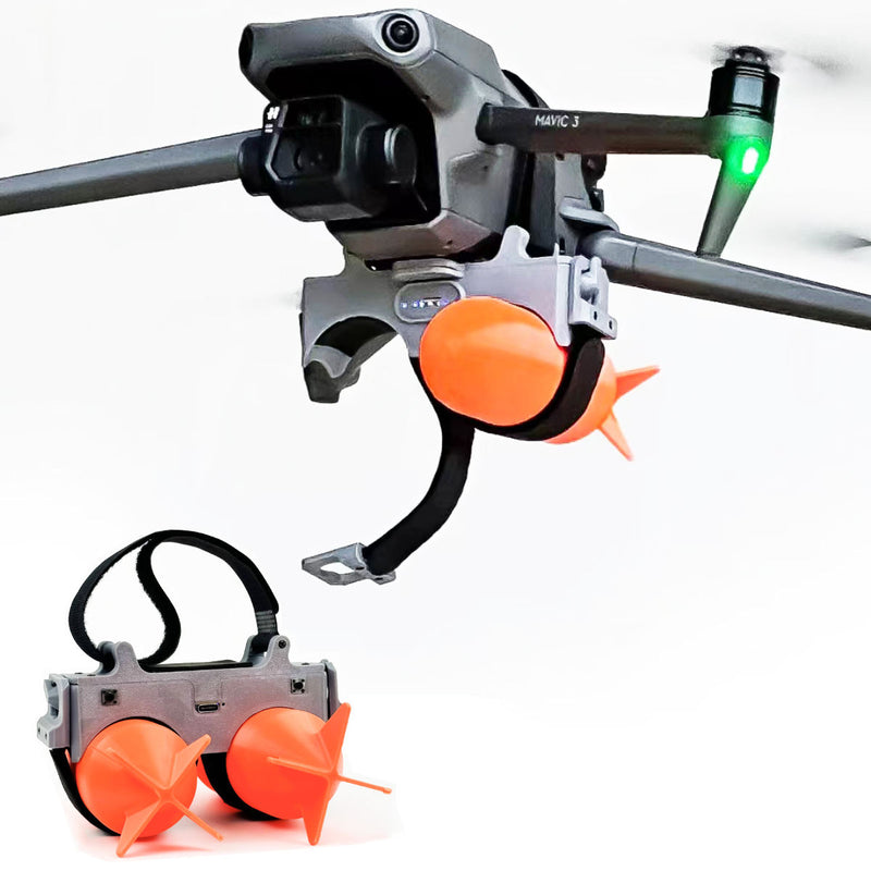 Rescue delivery drone with dual orange drop modules and remote control unit