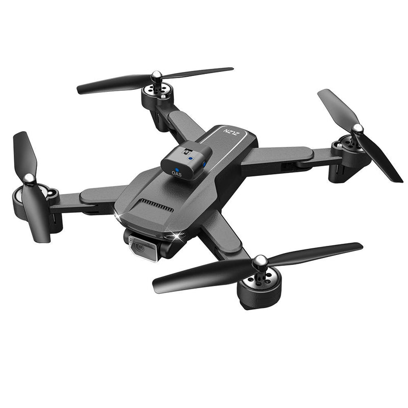 Quadcopter drone with camera, four propellers, dark gray body