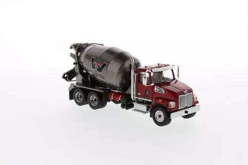 Diecast concrete mixer truck model with dark drum and red cab, front 3/4 view
