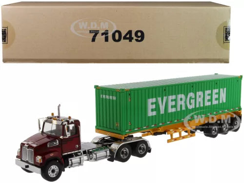 Maroon die-cast semi truck with green Evergreen 40' sea container on trailer
