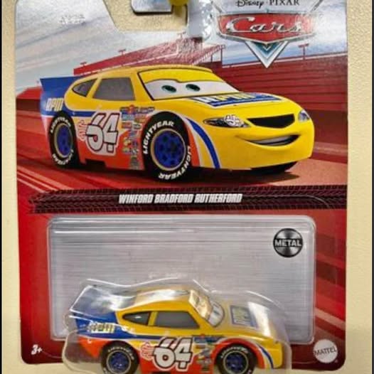 Yellow toy die-cast racing car with blue wheels and #64 graphic