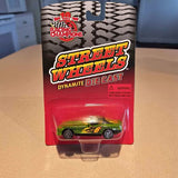 Diecast model car in red blister package, green racing Viper with wheel details