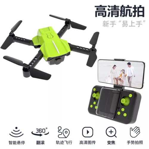 Folding mini quadcopter drone with dual camera, lime-green body, and handheld controller