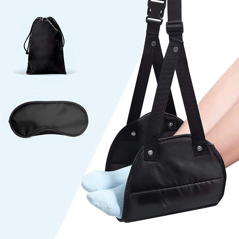 Black travel footrest hammock with two webbing straps and foot pouch, includes drawstring bag