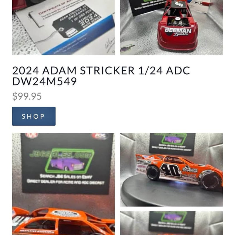 Red and black diecast dirt late model race car with sponsor decals