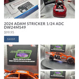 Red and black diecast dirt late model race car with sponsor decals