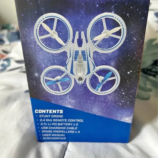 LED stunt drone box with 3-speed drone graphics and contents list