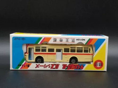 Hino RE120 double-door bus diecast model in retail box, multicolor stripe, front view