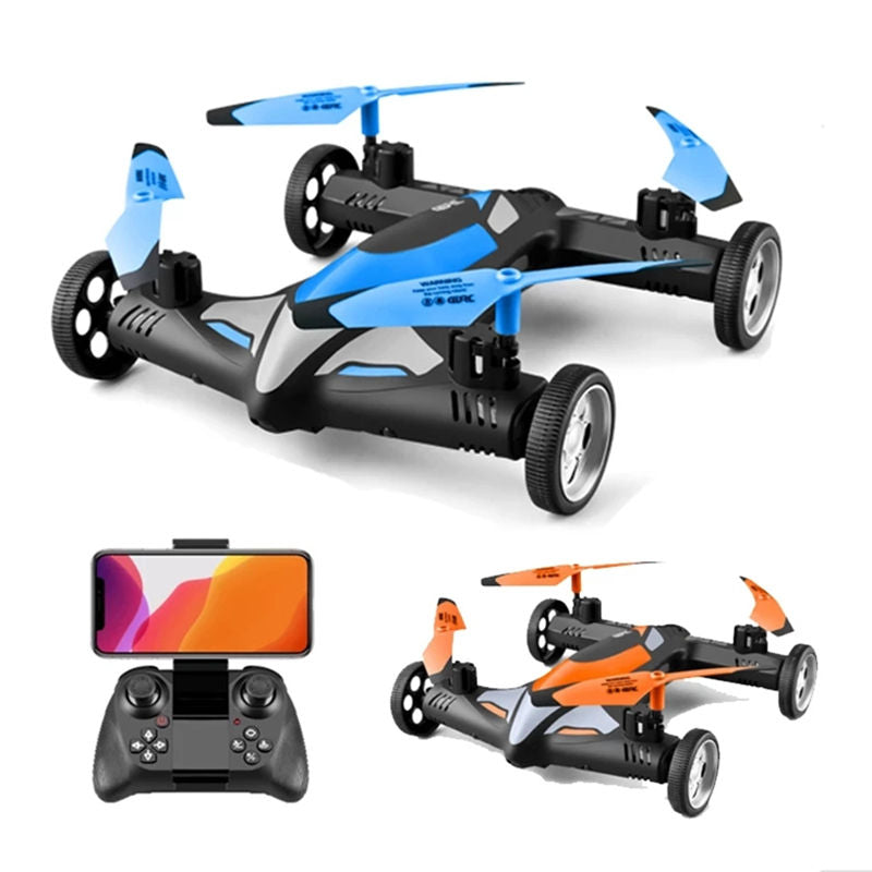 Blue and black RC mini drone racing car with wheels, quadcopter prop guards