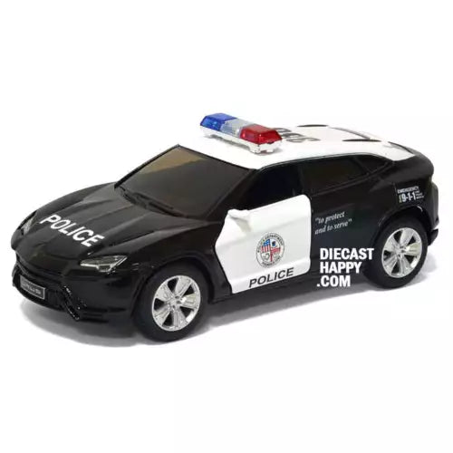 Diecast police SUV model, black with white decals and roof light bar, silver wheels