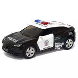 Diecast police SUV model, black with white decals and roof light bar, silver wheels