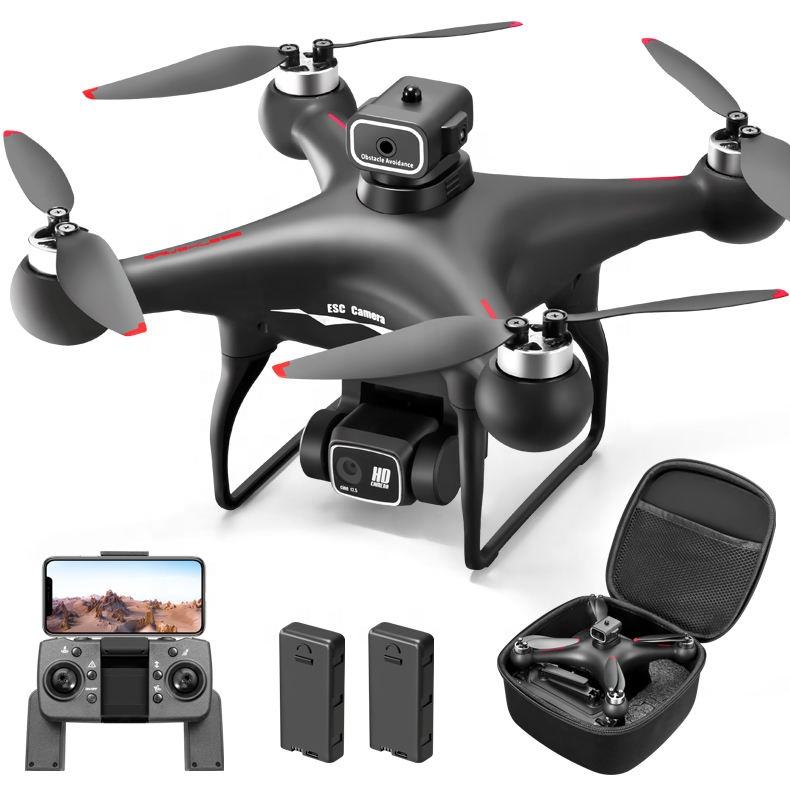 Black quadcopter drone with front camera, four propellers, remote controller, two batteries, case