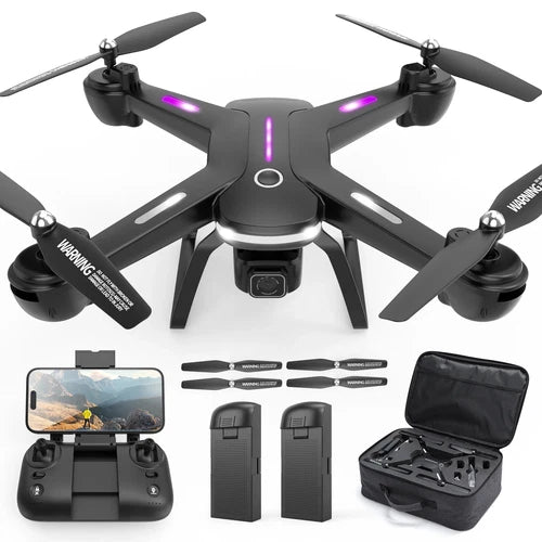 Black quadcopter drone with 4 propellers, LED lights, and front camera