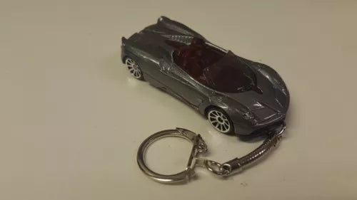 Grey silver diecast Pagani Huayra Roadster toy car keyring with metal chain