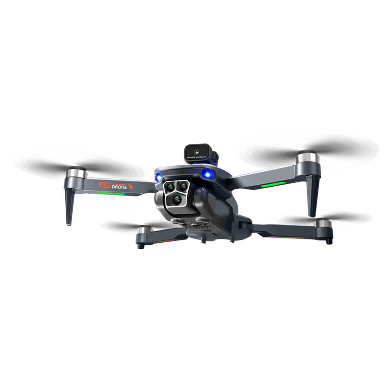 Toy drone with 4K-style camera gimbal, folding propellers, and blue status lights