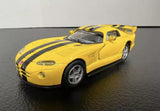 Diecast toy car, yellow with black racing stripes, front three-quarter view
