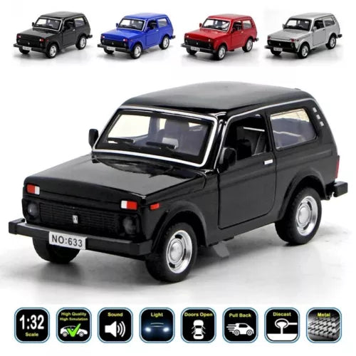 1:32 Lada Niva diecast model car, black 4x4 SUV, front-left view