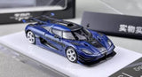 Blue diecast race car model with open hood detail