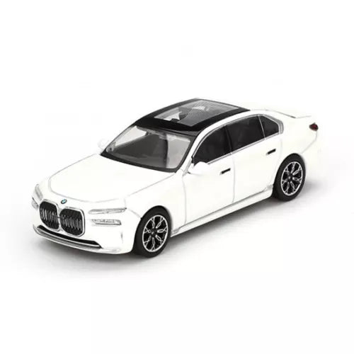 Mini GT BMW i7 xDrive60 diecast model car, mineral white, detailed front view