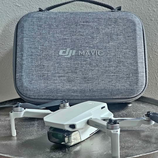DJI Mavic Mini drone with gray hard case, front camera visible on white quadcopter