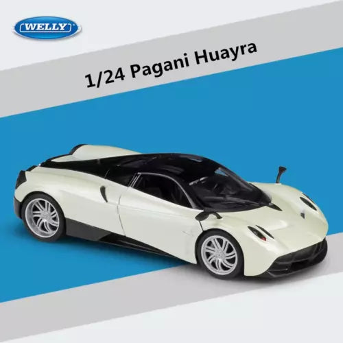 1:24 Pagani Huayra diecast sports car model, white with black hood, side view