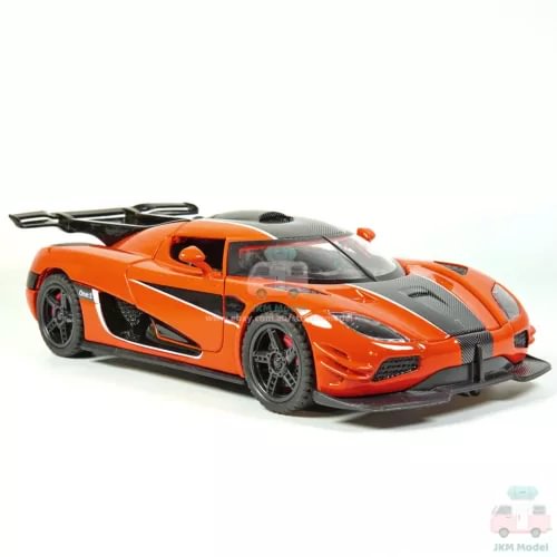 1:32 diecast model car, orange sports coupe with black racing stripes and hood vents