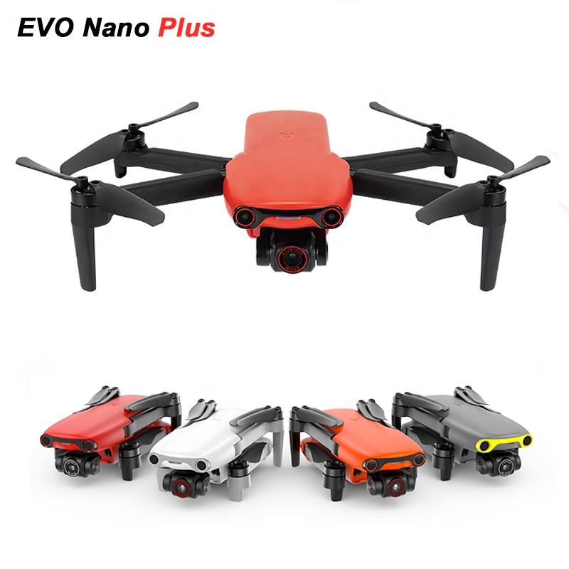 Orange and black quadcopter drone with camera, shown with angled views