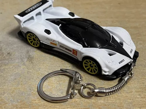 Pagani Zonda R diecast white model car keychain with metal key ring and coil clip