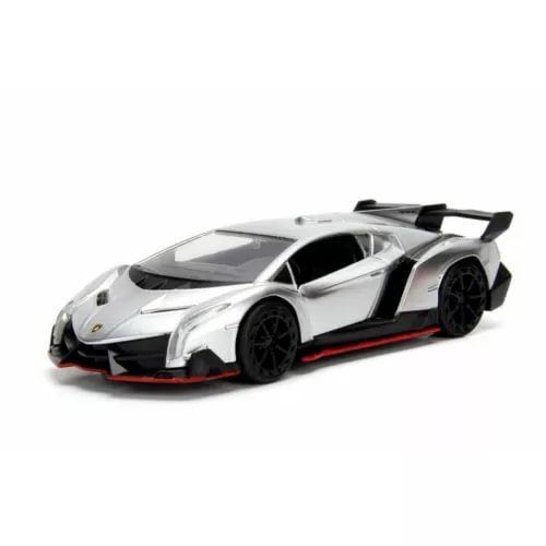 Silver diecast pullback sports car with black aero accents and red trim