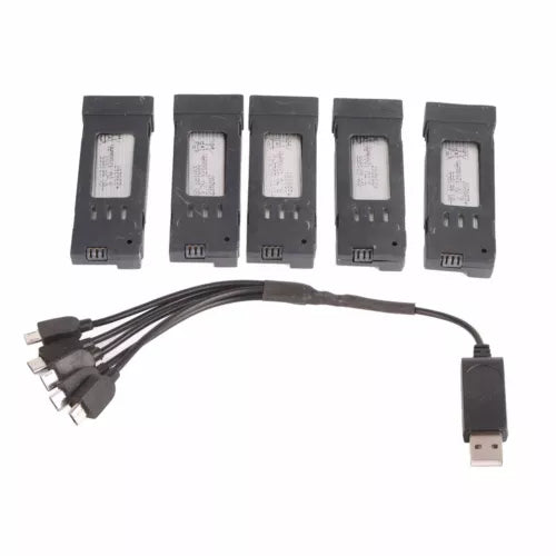 Portable drone battery charger kit with five battery packs and USB charging cable