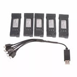 Portable drone battery charger kit with five battery packs and USB charging cable