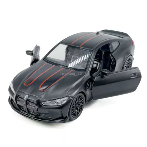 Black diecast model car with red racing stripes, front 3/4 view, open door