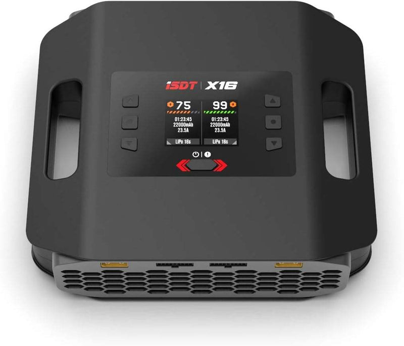 RC battery charger with front display, buttons, and side handles