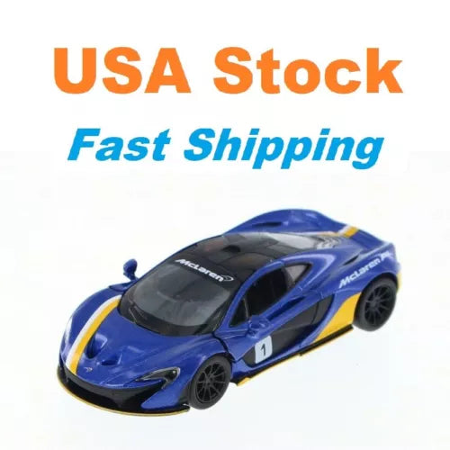 Blue diecast sports car model with yellow stripes, 2-door body, black wheels