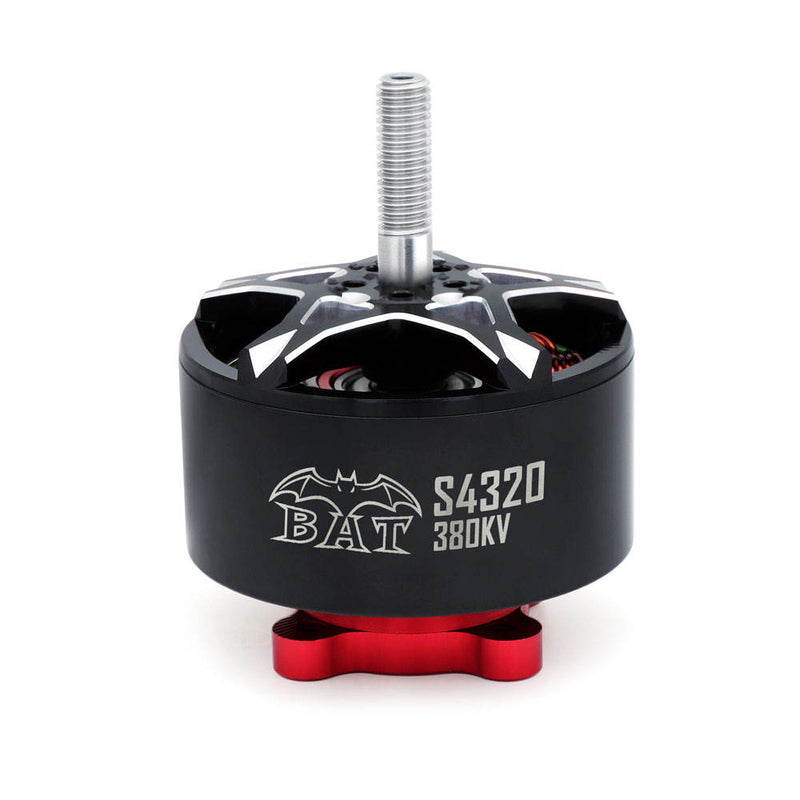 Black S/4320 380KV FPV drone motor with silver shaft and red base