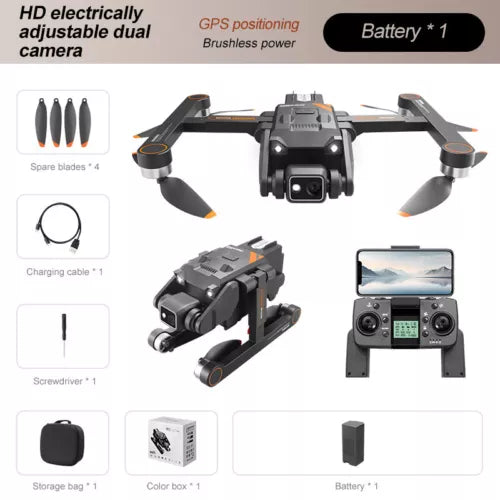 Foldable quadcopter drone with dual camera, four propellers, and GPS module
