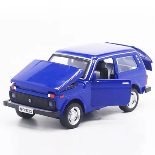 Blue diecast alloy model car with open hood and front view, 1:32 scale