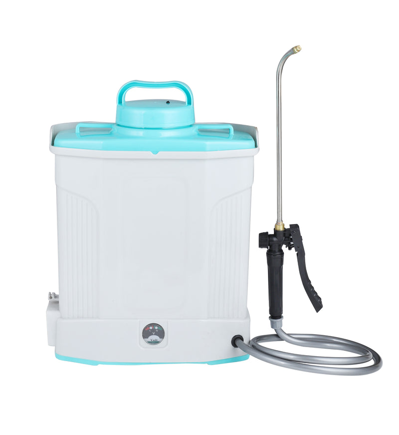 Electric agricultural sprayer tank with turquoise handle, white body, and hose with wand