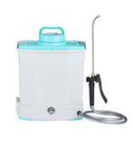 Electric agricultural sprayer tank with turquoise handle, white body, and hose with wand