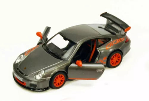 1/36 scale diecast Porsche 911 GT3 RS toy car, gray with orange wheels