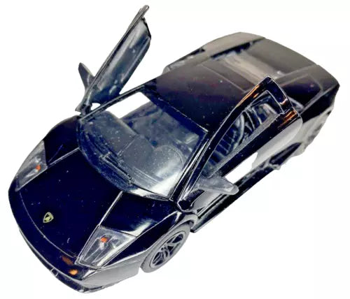 Dark blue die-cast toy sports car model, open hood, front 3/4 view.
