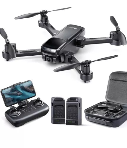 Foldable quadcopter drone with attached 4K camera, remote controller and carrying case