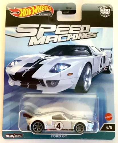 Hot Wheels die-cast Ford GT toy car, white with black racing stripes in blister pack