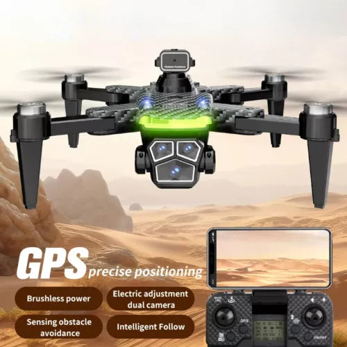 Black quadcopter drone with front camera module and four propeller arms