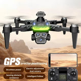 Black quadcopter drone with front camera module and four propeller arms