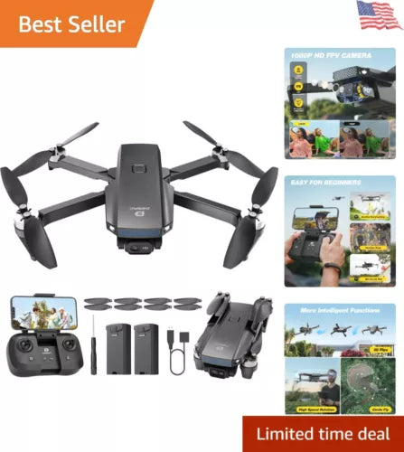 Foldable quadcopter drone with built-in camera and four propellers, plus remote controller